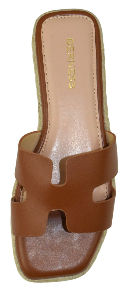 Berness KENDRA Cognac Brown Women Slide Sandals Espadrille Platform Cutout Strap Cushioned Slip-On Summer Sandals