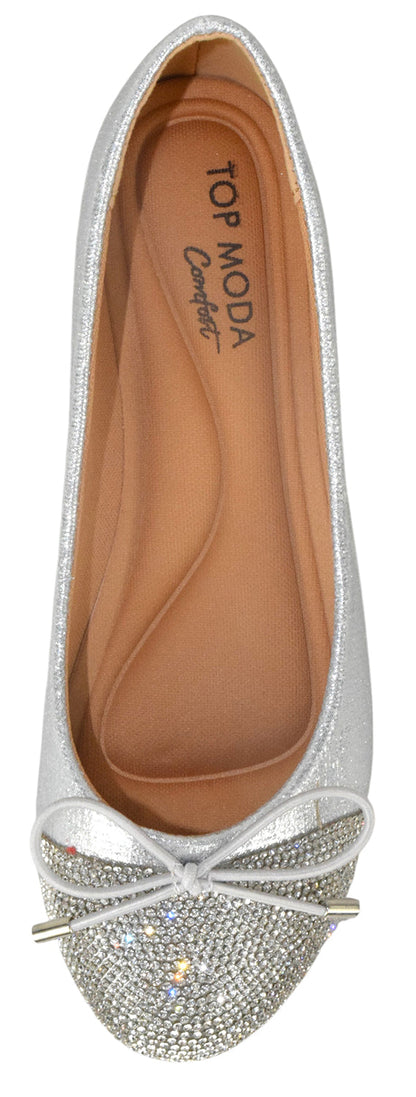Top Moda BONNIE-31 Silver Women Rhinestone Ballet Flats Sparkly Round Toe Lightweight Bow Dress Shoes