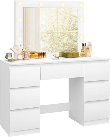 WOLTU MB6124ws Toaletka z oświetleniem i wieloma gniazdkami, toaletka z dużym lustrem LED i 7 szufladami, biurko do makijażu, 110 x 39,5 x 140,5 cm, biała nowoczesna komoda do sypialni
