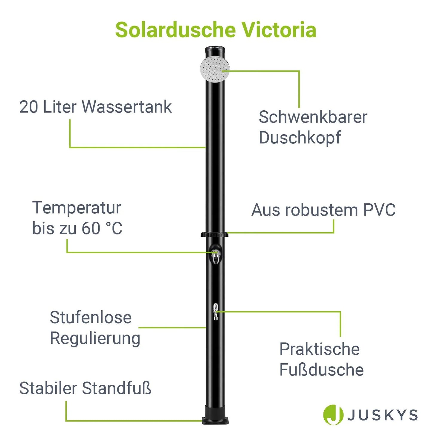 2025 Ducha Solar de Jardín Victoria 20 L Negra con Rociador Lluvia, Regulador de Temperatura y Ducha para Pies