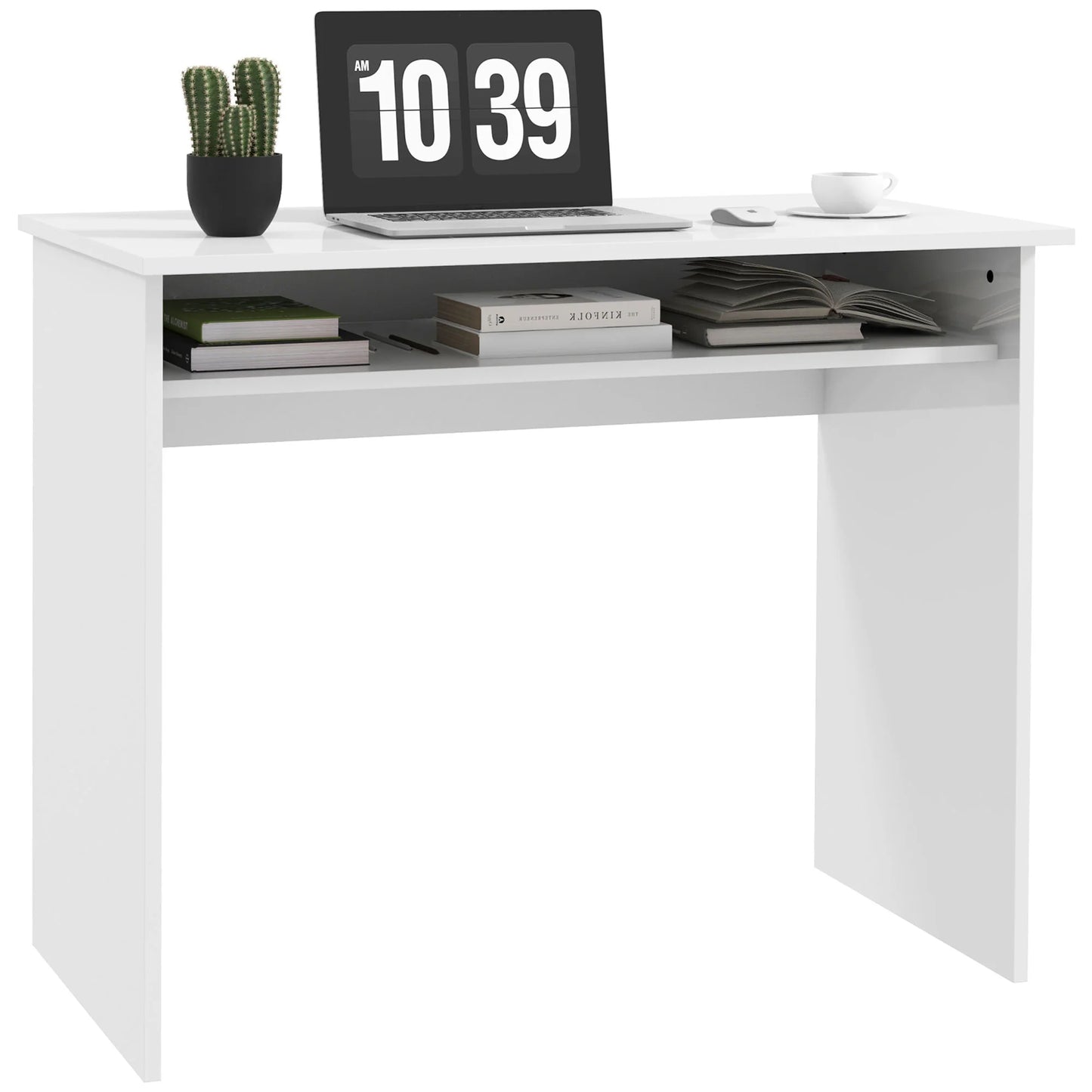 Escritorio de Ordenador Moderno, Escritorio Pequeño con Estante de Almacenamiento, 90 x 50 cm, Blanco Brillante