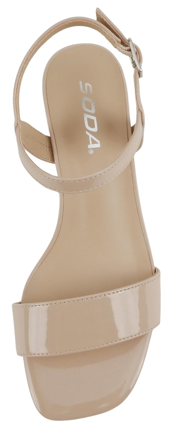 Soda EPISODE-S Beige Patent Women Ankle Strap Sandals Low Block Heel Single Band Dress Sandals