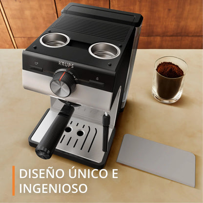 Krups Virtuoso Essential - Cafetera espresso 15 bar, acero inox negro, diseño compacto y elegante, parada automática, espresso y cappuccino, Thermoblock, boquilla de vapor, incluye cuchara, XP4418