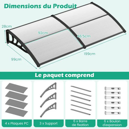 2025 Auvent para puerta de entrada de 199 x 99 cm, marquesina para puerta y ventana exterior, protección contra lluvia, nieve y viento, gris transparente