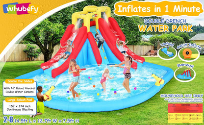 Tobogán acuático inflable 8-en-1 para niños: castillo inflable parque acuático con soplador de 450W, muro de escalada, piscina, 2 pistolas de agua, canasta de baloncesto, tobogán, rociador de cocodrilo – perfecto como regalo y para fiestas en el jard