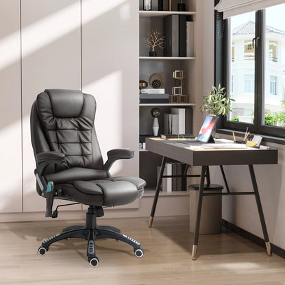 Silla de oficina ejecutiva con masaje y calefacción, sillón de oficina de cuero PU con respaldo alto, marrón