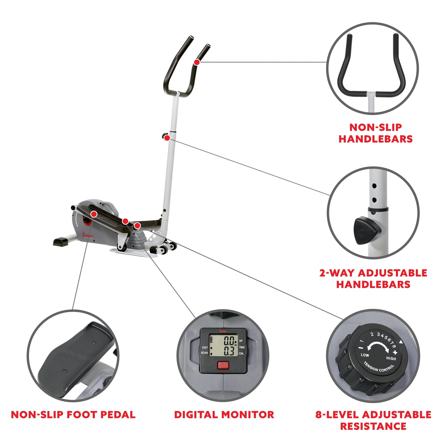 Sunny Health & Fitness Elíptica magnética compacta con manillar – stepper portátil para entrenamiento en casa, modelo SF-E3988.