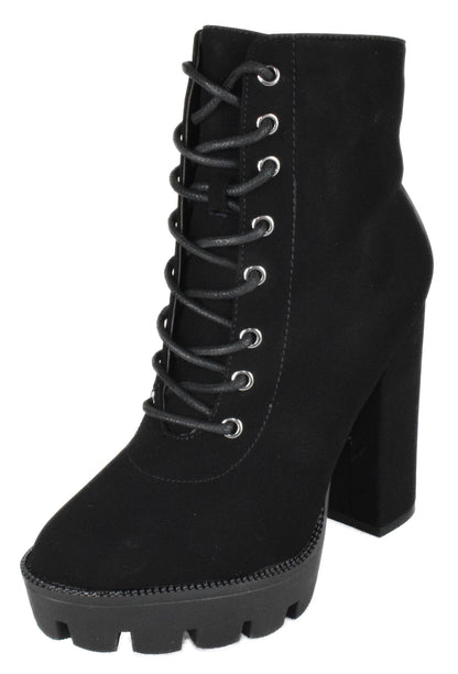 Top Moda DALE-6 Black Nubuck Women Platform Combat Boots Lace-Up Side Zipper Lug Sole High Heel Army Style Booties