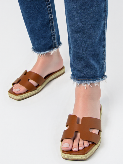 Berness KENDRA Cognac Brown Women Slide Sandals Espadrille Platform Cutout Strap Cushioned Slip-On Summer Sandals