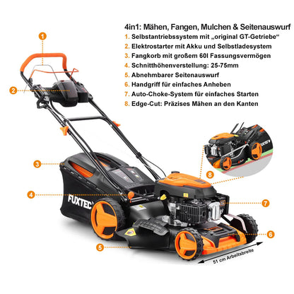 2025 Cortacésped de gasolina 4 en 1 FUXTEC FX-RM5196eS con motor ZIPGO, cortacésped de jardín con función de descarga lateral, ancho de corte 51 cm, motor de 4 tiempos con tracción trasera, ruedas grandes con rodamientos, bolsa de césped 60 L