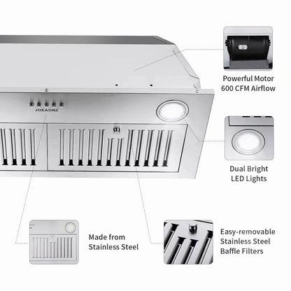 Campana extractora empotrada Zomagas de 30 pulgadas de acero inoxidable de 600 CFM con iluminación LED