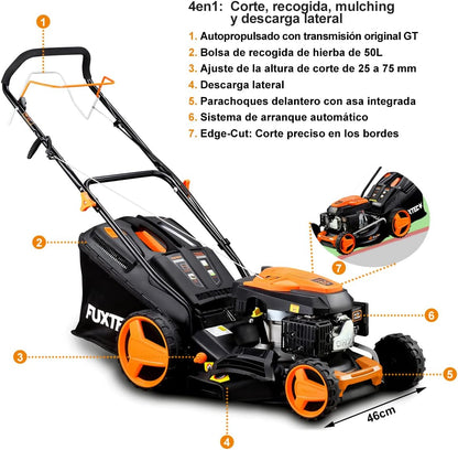 Cortacésped de Gasolina FUXTEC FX-RM4646ECO 46cm de Anchura de Corte - Potente Motor de Gasolina de 146cc Easy Clean 3en1 2,6KW Mulching recogedor de Hierba 50L
