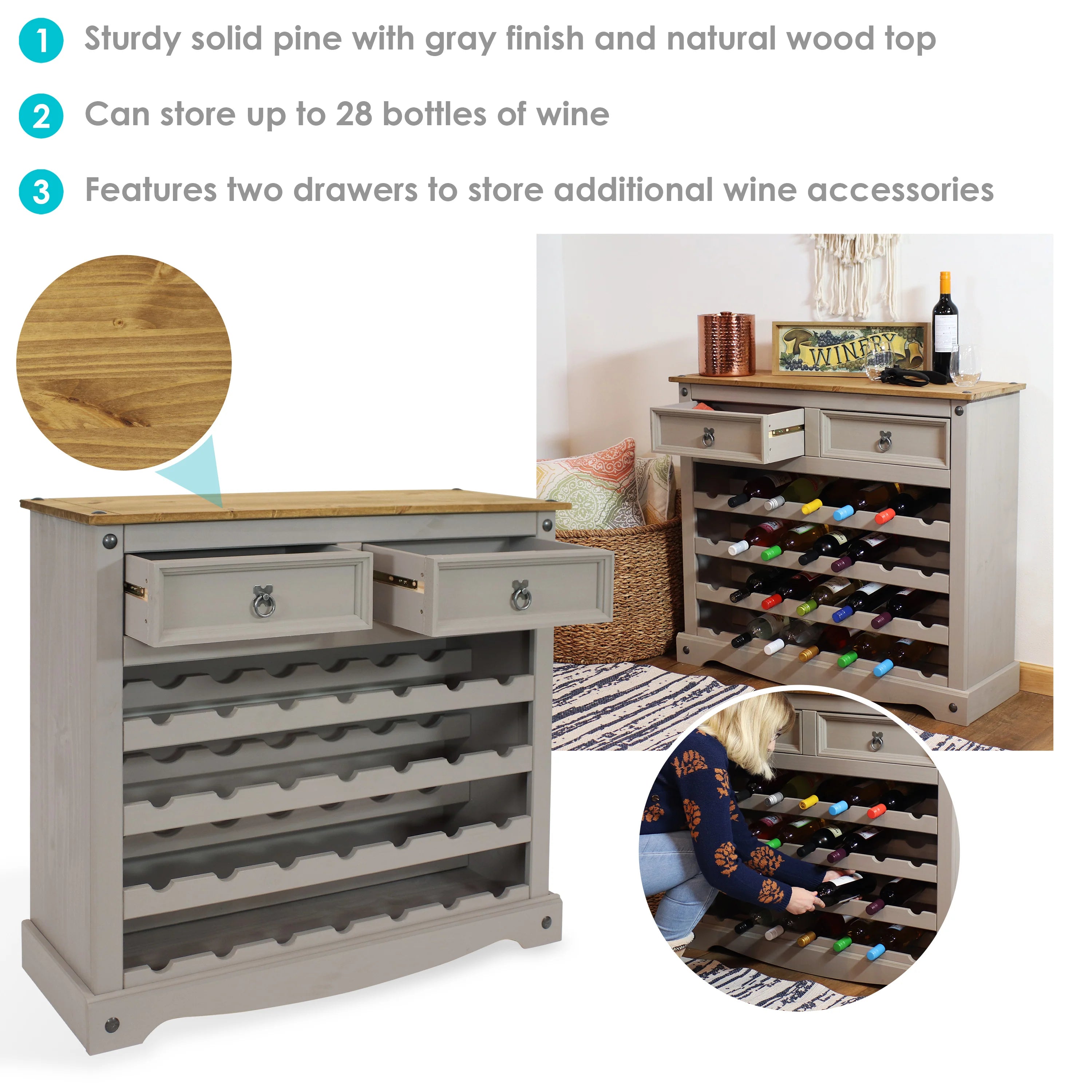 2025 Mesa estante para vino de pino macizo Sunnydaze – 28 botellas, gris, 88 cm