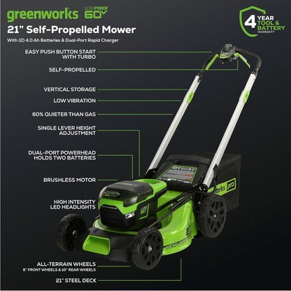 2025 Cortadora de Césped Inalámbrica Greenworks 60V 21” (Auto-Propulsada), 2 Baterías de 4.0Ah y Cargador Rápido Dual