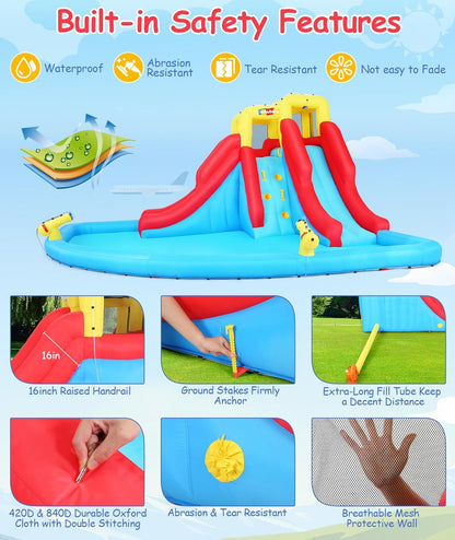Tobogán acuático inflable 8-en-1 para niños: castillo inflable parque acuático con soplador de 450W, muro de escalada, piscina, 2 pistolas de agua, canasta de baloncesto, tobogán, rociador de cocodrilo – perfecto como regalo y para fiestas en el jard