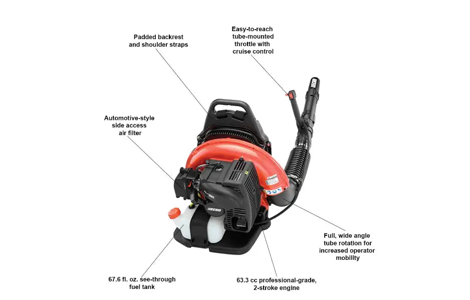 Soplador de mochila a gasolina 2 tiempos ECHO PB-755ST, 63,3 cm³, 233 MPH, 651 CFM con acelerador montado en el mango