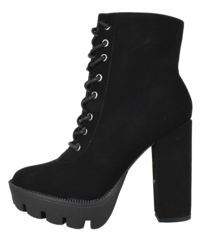 Top Moda DALE-6 Black Nubuck Women Platform Combat Boots Lace-Up Side Zipper Lug Sole High Heel Army Style Booties