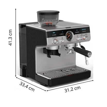 Krups Virtuoso Essential - Cafetera espresso 15 bar, acero inox negro, diseño compacto y elegante, parada automática, espresso y cappuccino, Thermoblock, boquilla de vapor, incluye cuchara, XP4418