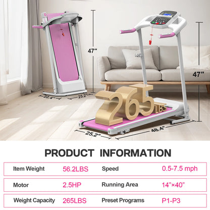 Cinta de correr plegable FYC para el hogar, 2,5 HP, velocidad hasta 12 km/h, motor eléctrico sin escobillas silencioso Proform para gimnasio en casa, tapiz con sensor de frecuencia cardíaca y pantalla LED (rosa)