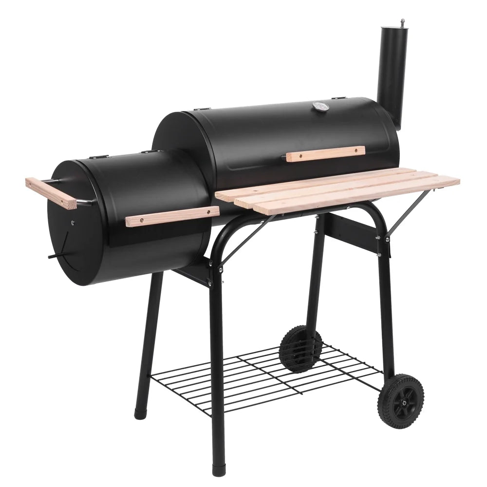 Parrilla portátil de carbón UBesGoo con ahumador lateral de acero para camping, negra.