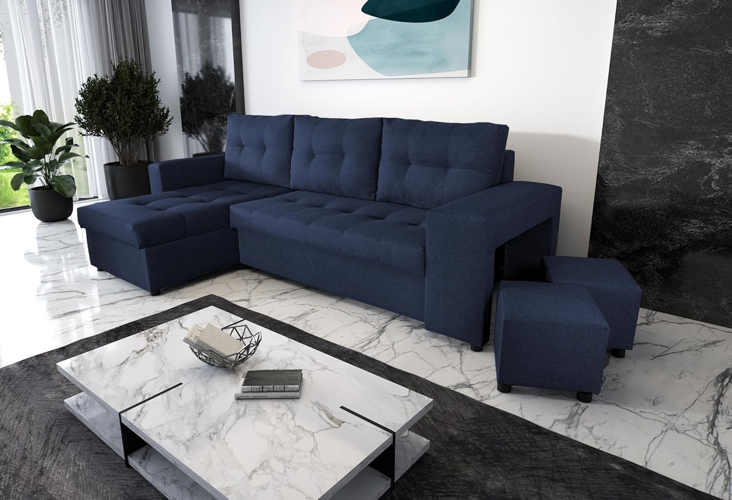 NAWSTOL - Sofa narożna Leon z funkcją spania i skrzynią na pościel – nowoczesna sofa do salonu – możliwość montażu z lewej lub prawej strony (szara + biała sztuczna skóra)