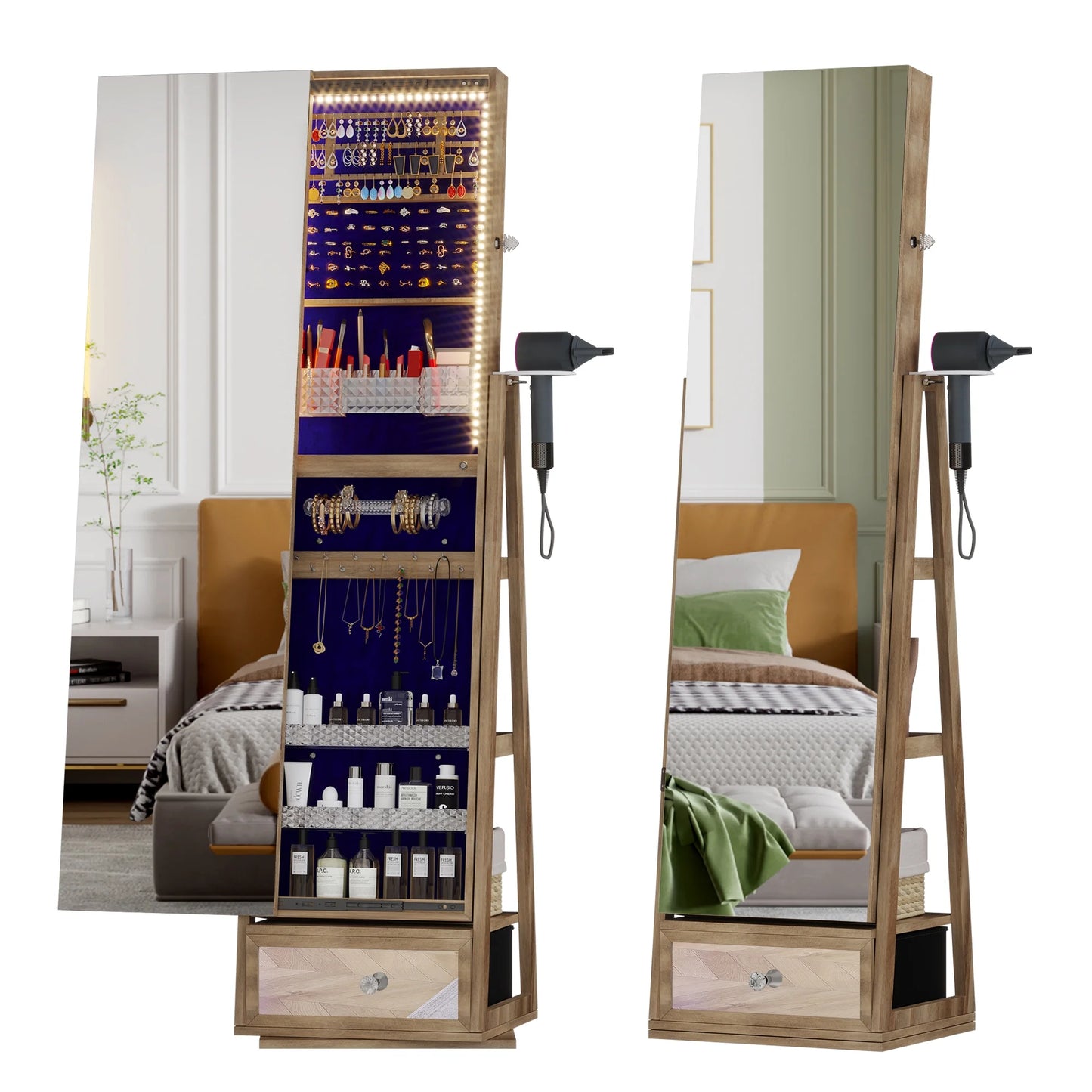 Joyero giratorio de 360° con espejo, luces LED y cerradura – Color marrón
