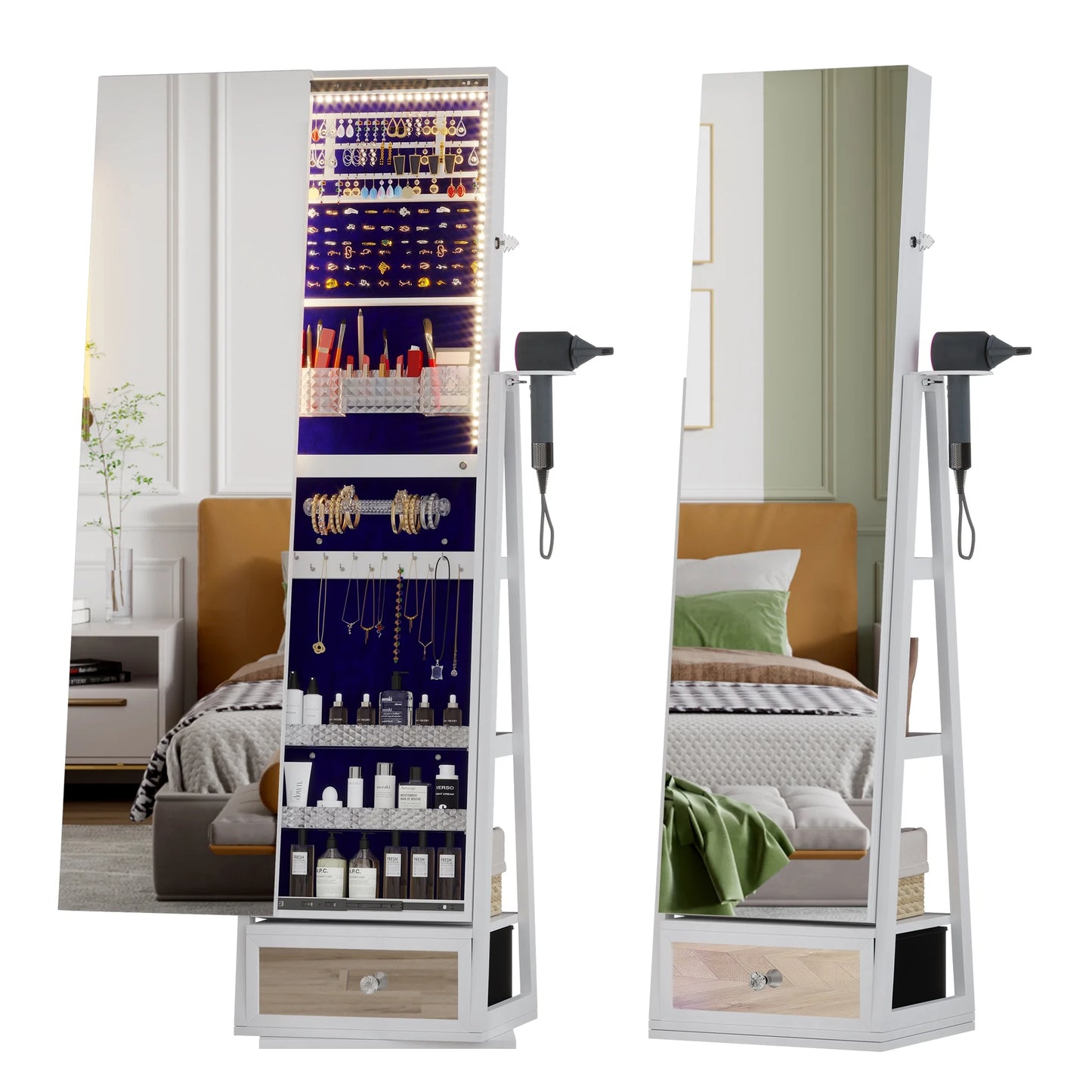 Joyero giratorio 360° LVSOMT con luz - Organizador de pie con espejo de cuerpo entero, cerradura y amplio espacio de almacenamiento - Blanco