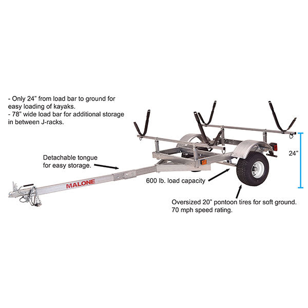2025 Kit remolque Malone LowMax 2 para kayak, capacidad 600 lb, acero galvanizado, luces LED, neumáticos homologados 70 MPH