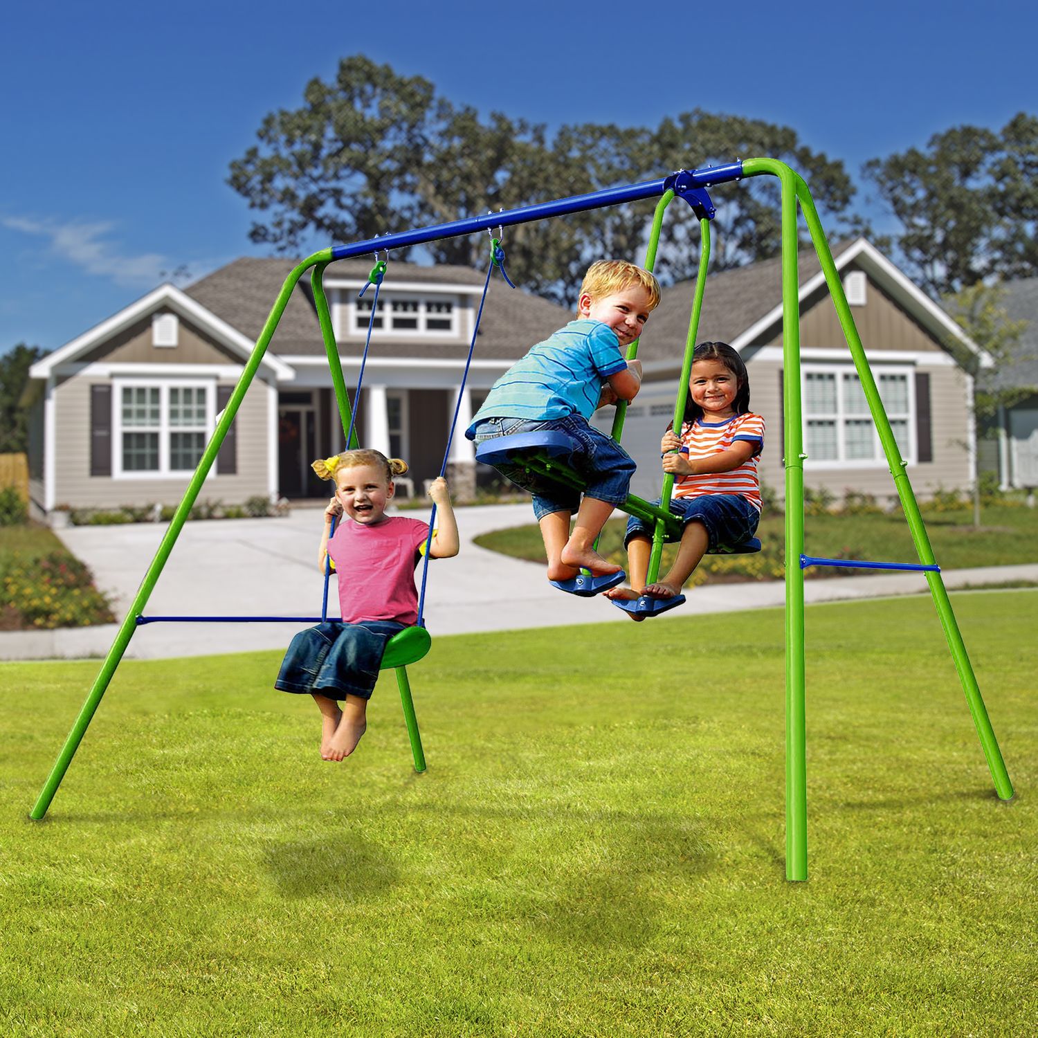 Columpio Balancín Infantil Para Jardín + 3 Años Juego Para Niños De Metal Outdoor Toys 220x140x182 Cm Carga Hasta 45 Kg