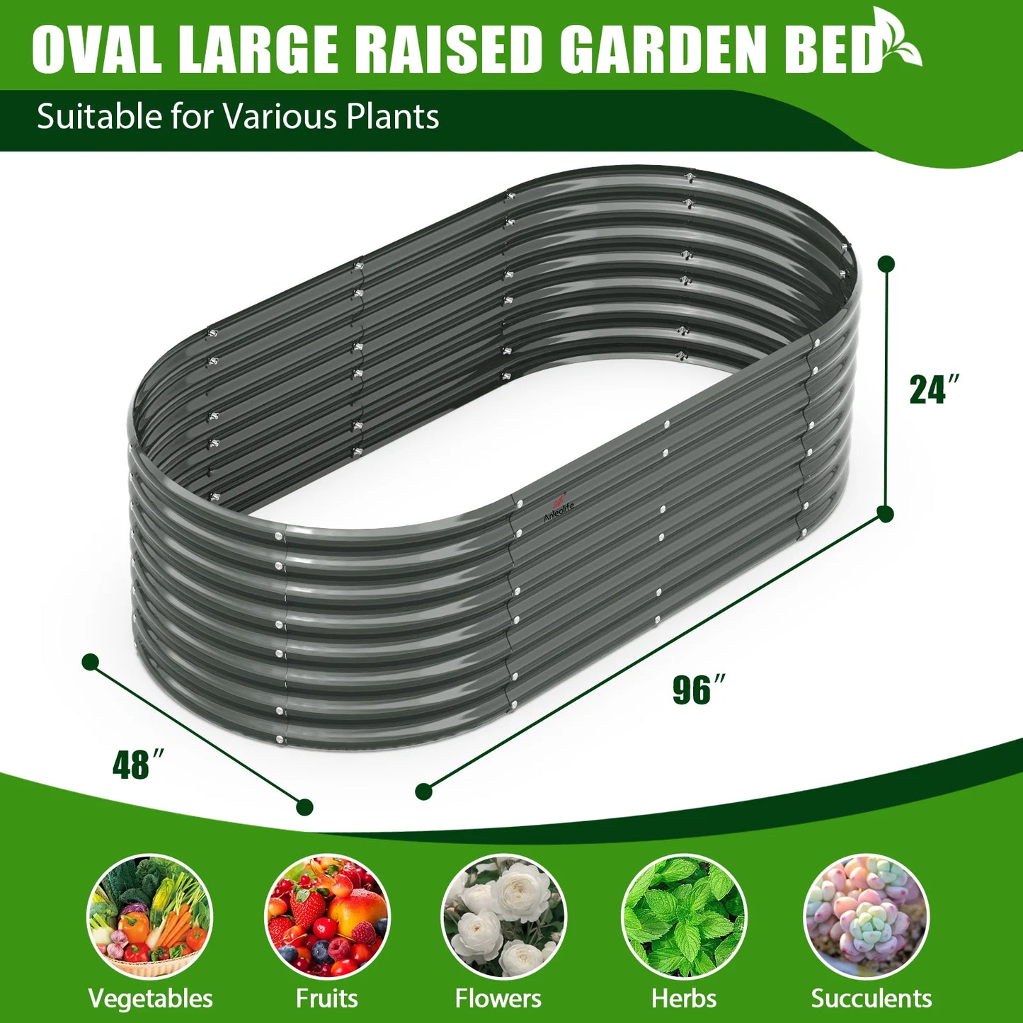 2025 TRAMULL Jardinera elevada en acero galvanizado, 244 x 122 x 60 cm, ovalada, modular, para exterior (Gris cuarzo)