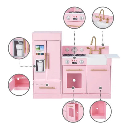 2025 Cocina de Juguete Little Chef Charlotte Moderna para Niños con Refrigerador Independiente, Unidad de Cocina Separada y Características Interactivas, Rosa