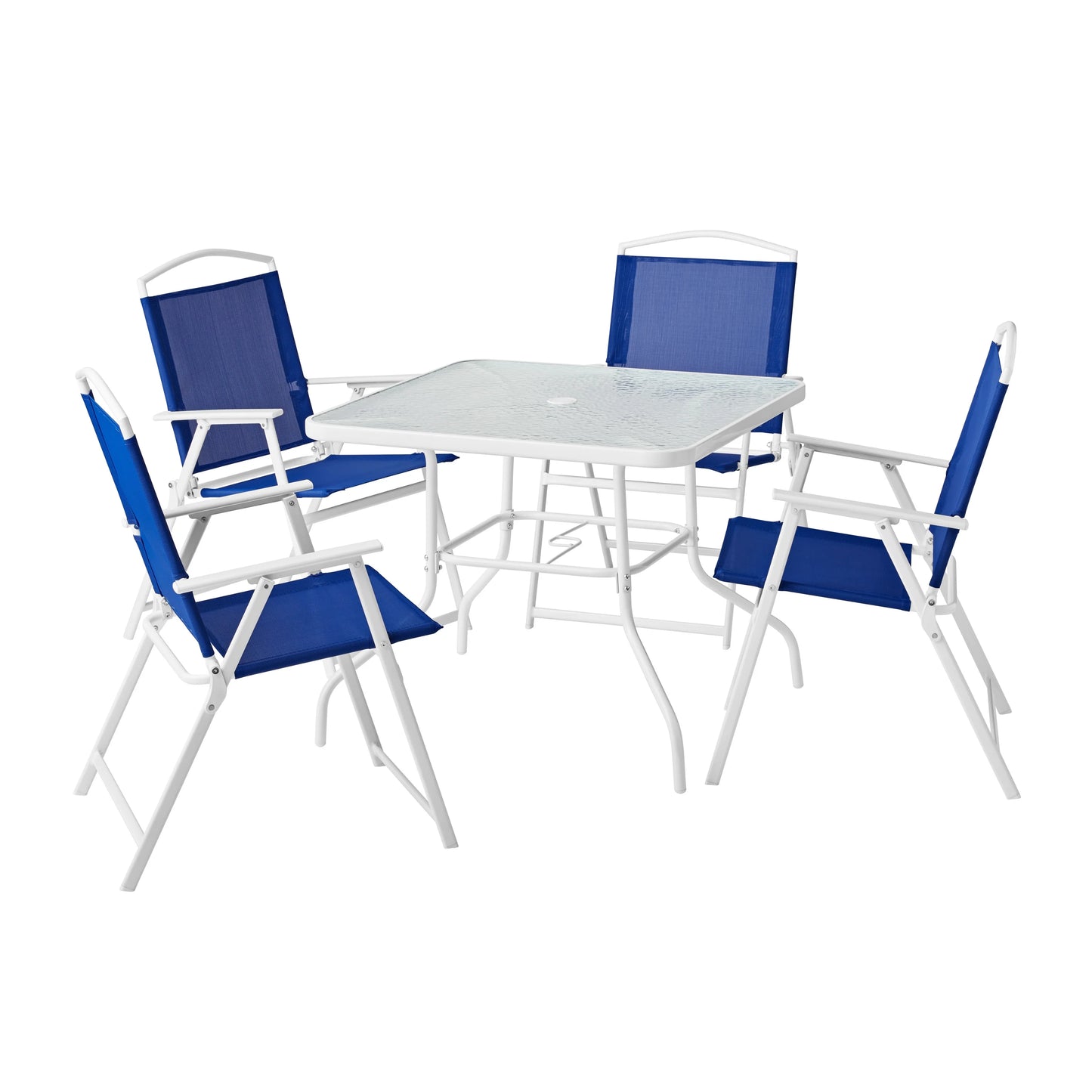 2025 Juego de comedor exterior Mainstays Albany Lane de 5 piezas, estructura de acero blanca y tela azul
