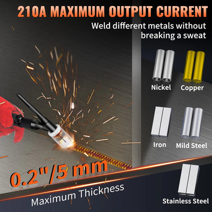 2025 Soldadora TIG VEVOR 210A 110/220V bi-tensión 3-en-1 con pulso, inversor IGBT y antorcha – soldadura TIG/MIG/MMA y limpieza para acero inoxidable, hierro, cobre y níquel