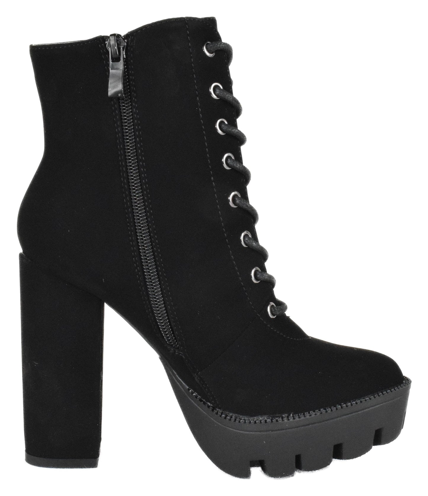 Top Moda DALE-6 Black Nubuck Women Platform Combat Boots Lace-Up Side Zipper Lug Sole High Heel Army Style Booties
