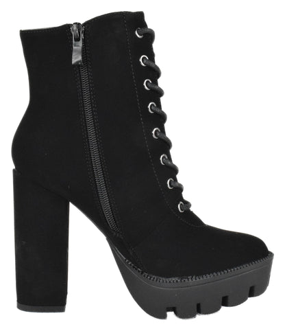Top Moda DALE-6 Black Nubuck Women Platform Combat Boots Lace-Up Side Zipper Lug Sole High Heel Army Style Booties