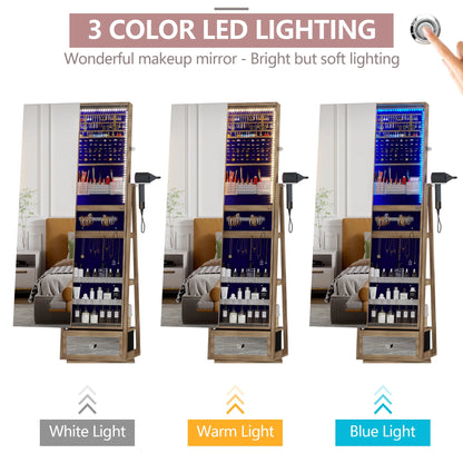 Joyero giratorio de 360° con espejo, luces LED y cerradura – Color marrón