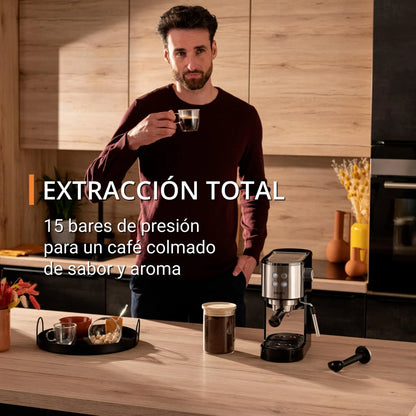 Krups Virtuoso Essential - Cafetera espresso 15 bar, acero inox negro, diseño compacto y elegante, parada automática, espresso y cappuccino, Thermoblock, boquilla de vapor, incluye cuchara, XP4418