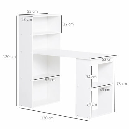 Escritorio de Ordenador Moderno de 120 cm con Estantería, Mesa de Estudio y Estación de Trabajo con 6 Estantes, Blanco