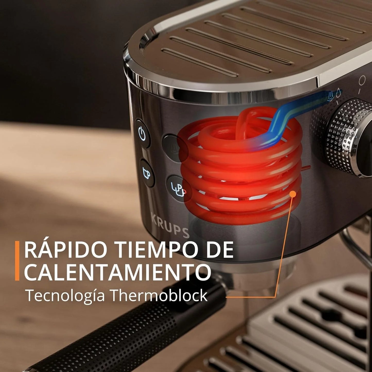 Krups Virtuoso Essential - Cafetera espresso 15 bar, acero inox negro, diseño compacto y elegante, parada automática, espresso y cappuccino, Thermoblock, boquilla de vapor, incluye cuchara, XP4418