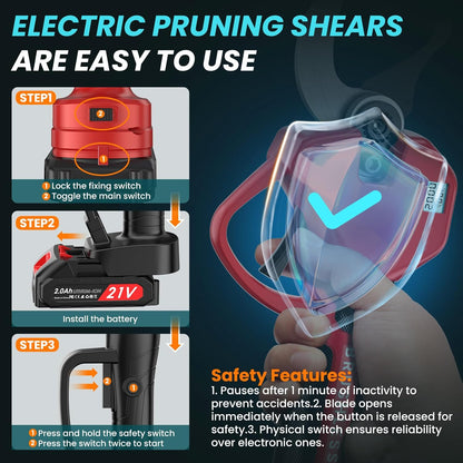 Electric Pruning Shears 50 mm, with Display, 2 Batteries 2000 mAh, Continued 4-8 Hours, Cutting Diameter is Adjustable in Two Gears (35/50 mm), Suitable for Orchards, Gardens and Farms