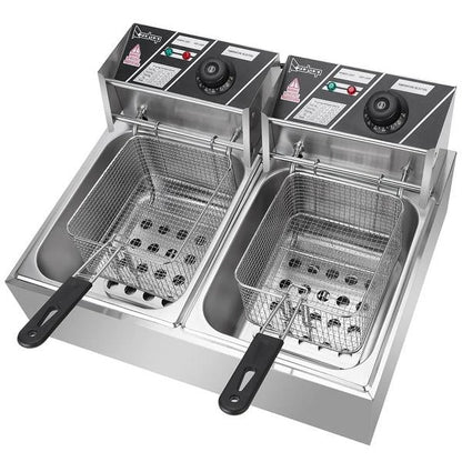 Freidora eléctrica de sobremesa con doble tanque de acero inoxidable - Gran capacidad - Electrodoméstico de sobremesa - Freidora industrial con tanque grande para papas fritas (12.7 cuartos/12 L, 5000 W)