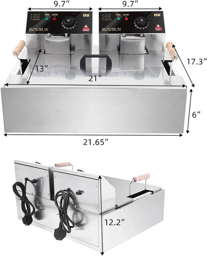 Freidora eléctrica ROVSUN de 23,8 Qt con gran canasta única y tapa, temperatura ajustable, freidora comercial de acero inoxidable para papas fritas, aros de cebolla y pavo, 5000 W.