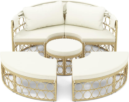 GIANTEX Sofa rozkładana okrągła z wysuwaną markizą, 5-częściowy zestaw mebli ogrodowych PE modułowy leżak rattanowy, zestaw mebli ogrodowych 180 x 150 cm, na werandę, tył, basen, beżowy