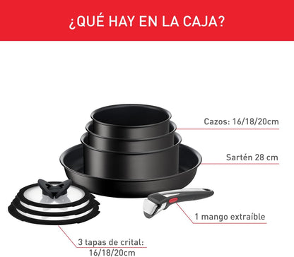 Tefal Ingenio Unlimited On - Juego de 3 Cazos 16/18/20 cm + Mango extraíble | Apto inducción, antiadherentes, revestimiento titanio, Thermo-signal, sin PFOA, apto lavavajillas y horno