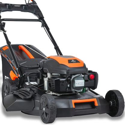 2025 Cortacésped de gasolina 4 en 1 FUXTEC FX-RM5196eS con motor ZIPGO, cortacésped de jardín con función de descarga lateral, ancho de corte 51 cm, motor de 4 tiempos con tracción trasera, ruedas grandes con rodamientos, bolsa de césped 60 L