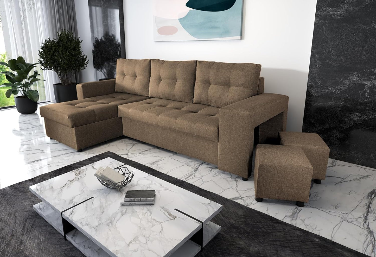 NAWSTOL - Sofa narożna Leon z funkcją spania i skrzynią na pościel – nowoczesna sofa do salonu – możliwość montażu z lewej lub prawej strony (szara + biała sztuczna skóra)