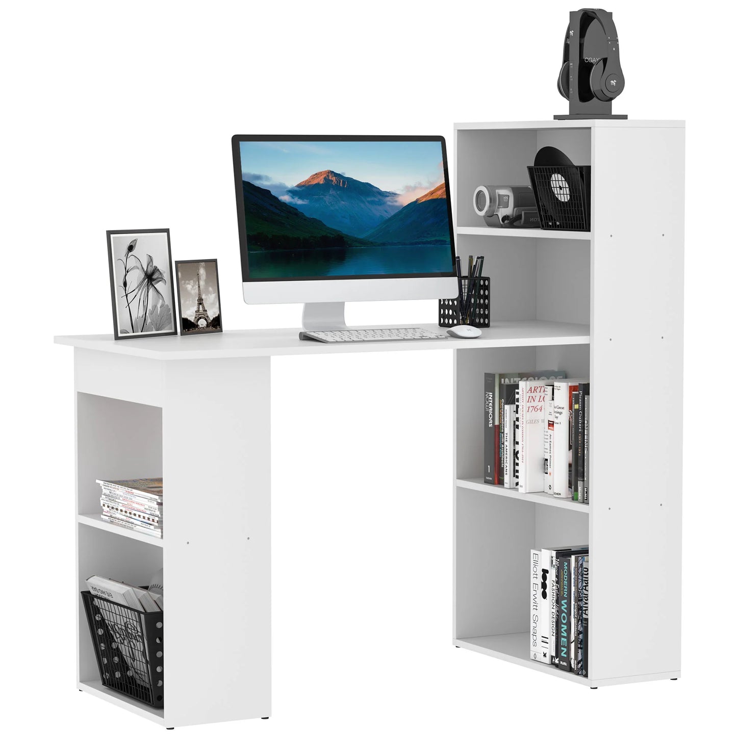 Escritorio de Ordenador Moderno de 120 cm con Estantería, Mesa de Estudio y Estación de Trabajo con 6 Estantes, Blanco