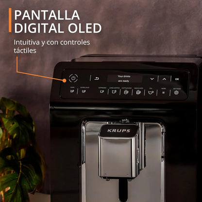 2025 Cafetera automática Krups Evidence | Pantalla OLED con tecnología Barista Quattro Force | 12 tipos de café | 3 variedades de té | capuchino con un solo toque | función para 2 tazas | color negro