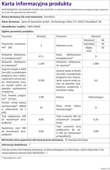 Mini zmywarka stołowa, do użytku z i bez podłączenia do wody, szerokość 43 cm, miejsce na 4 sztućce, do użytku na kempingu, 175 kWh/rok, biały