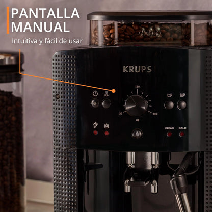 2025 Krups Essential - Cafetera súper automática, 15 Bares de presión, Molinillo cónico de Metal, con selección de cantidad e Intensidad de café, 1.7 l, 1 Cups, Acero, Pantalla LCD + Acc. Leche